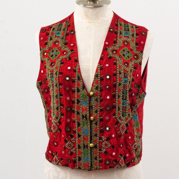 Vintage 70s M Silk Boho Beaded Vest Crop Top Red - Picture 9 of 11